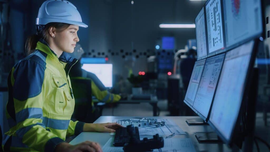 Female Facility Operator Controls Workshop Production Line, Uses Computer with Screens Showing Complex UI of Machine Operation Processes, Controllers and Machinery Blueprints.